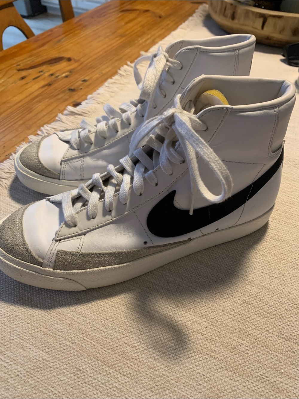 Nike Women’s White High-Top Sneakers with Black Swoosh and Gray Suede Accents